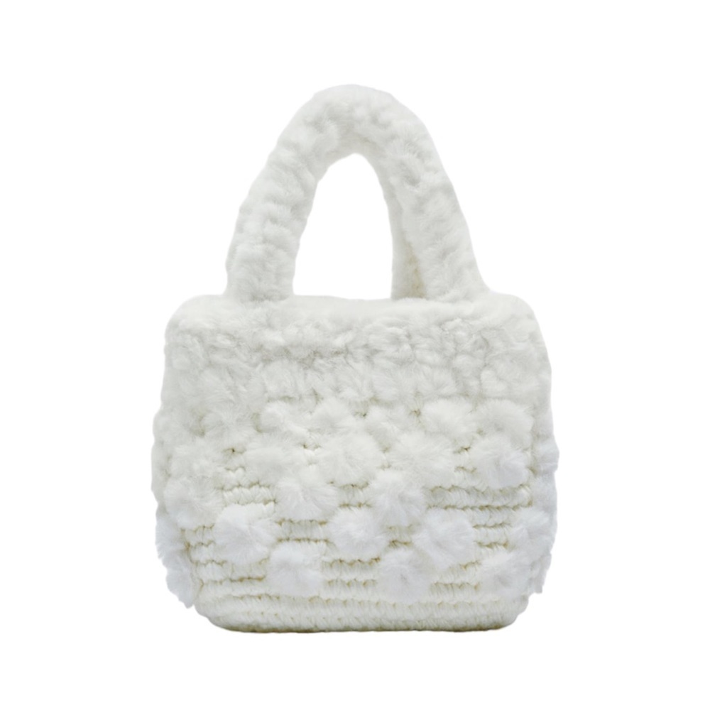 Zara Crossbody Bag White Gray Woven Tote handles Fabric Faux Furry bag New